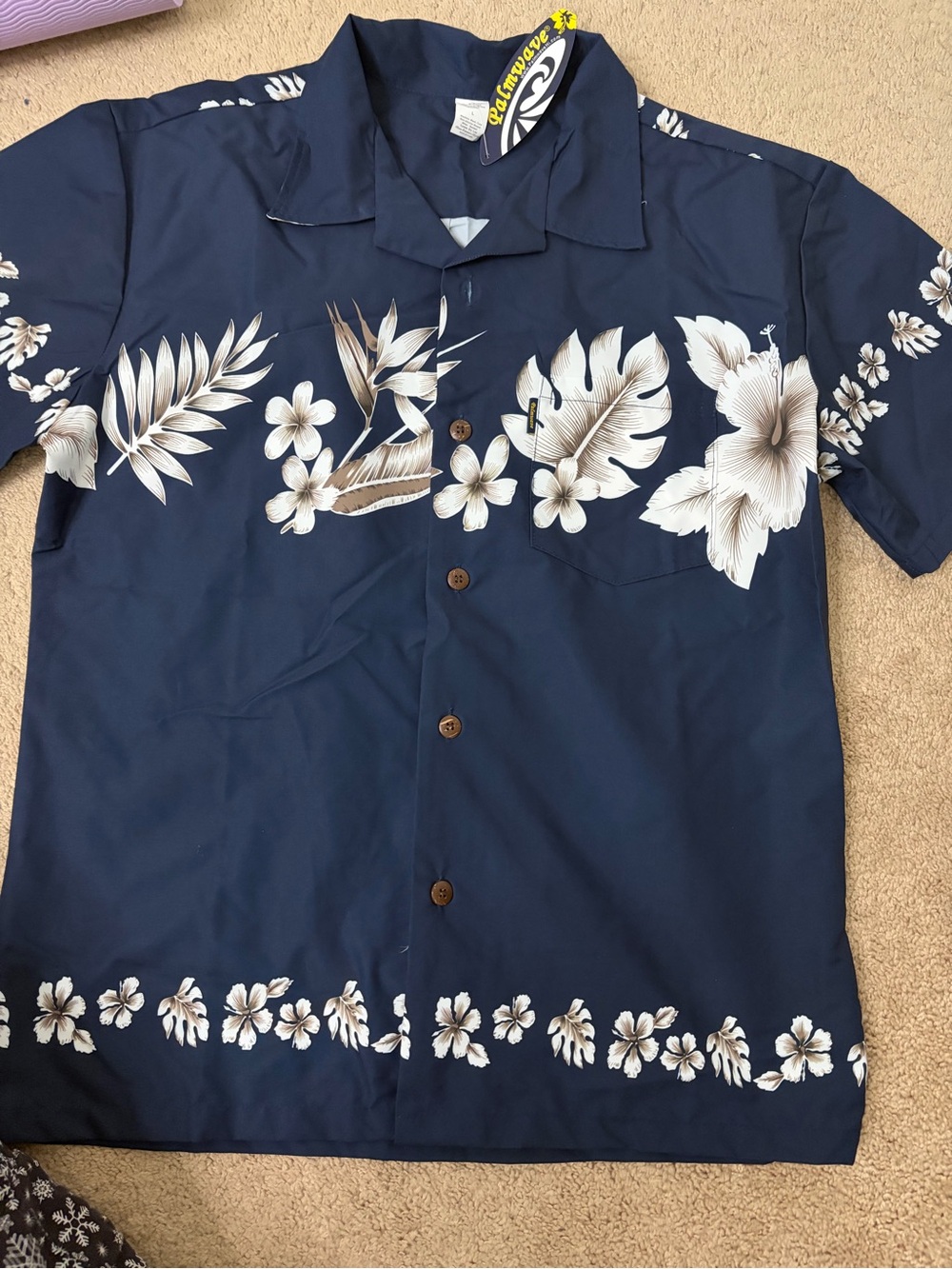 Men’s Palmwave Hawaii Navy Blue Hawaiian Shirt with White Floral Print
